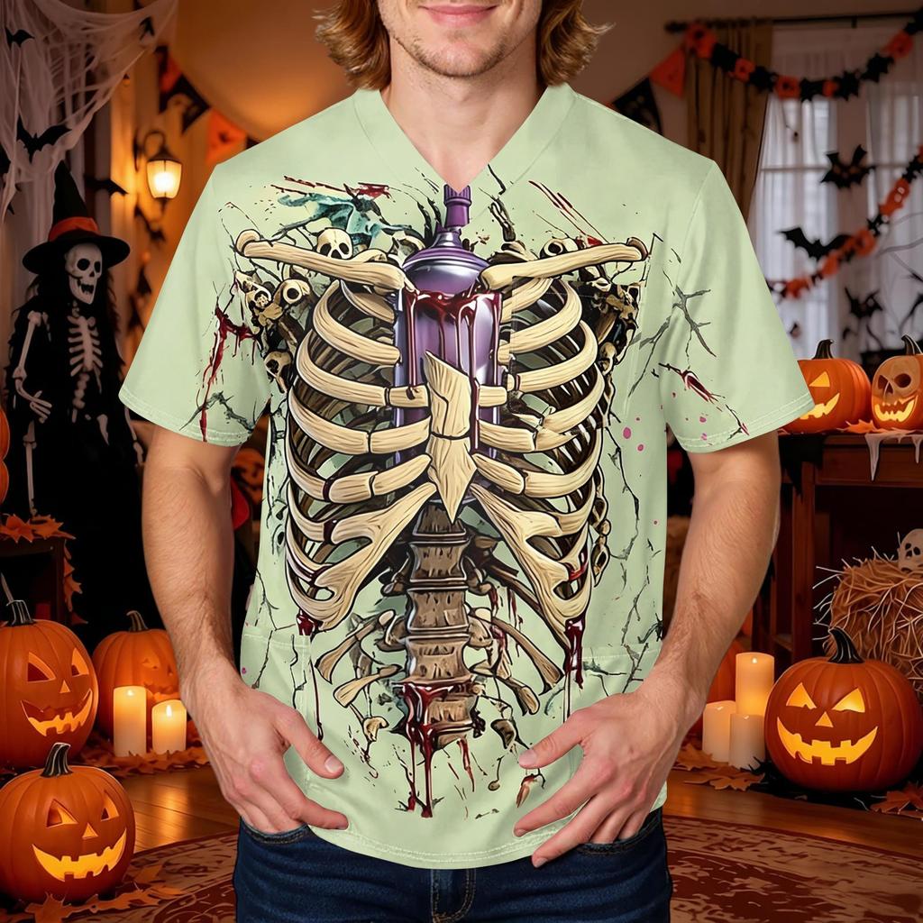 Herren Halloween Print V-Ausschnitt Kurzarm Kasack mit Tasche