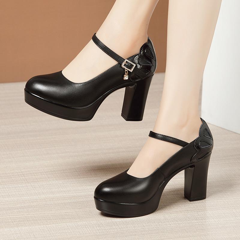 Plus Size 32-43 Genuine Leather Shoes Round Toe Woman Platform Pumps Women's Chunky Heel High Heels Office Black Work Shoes