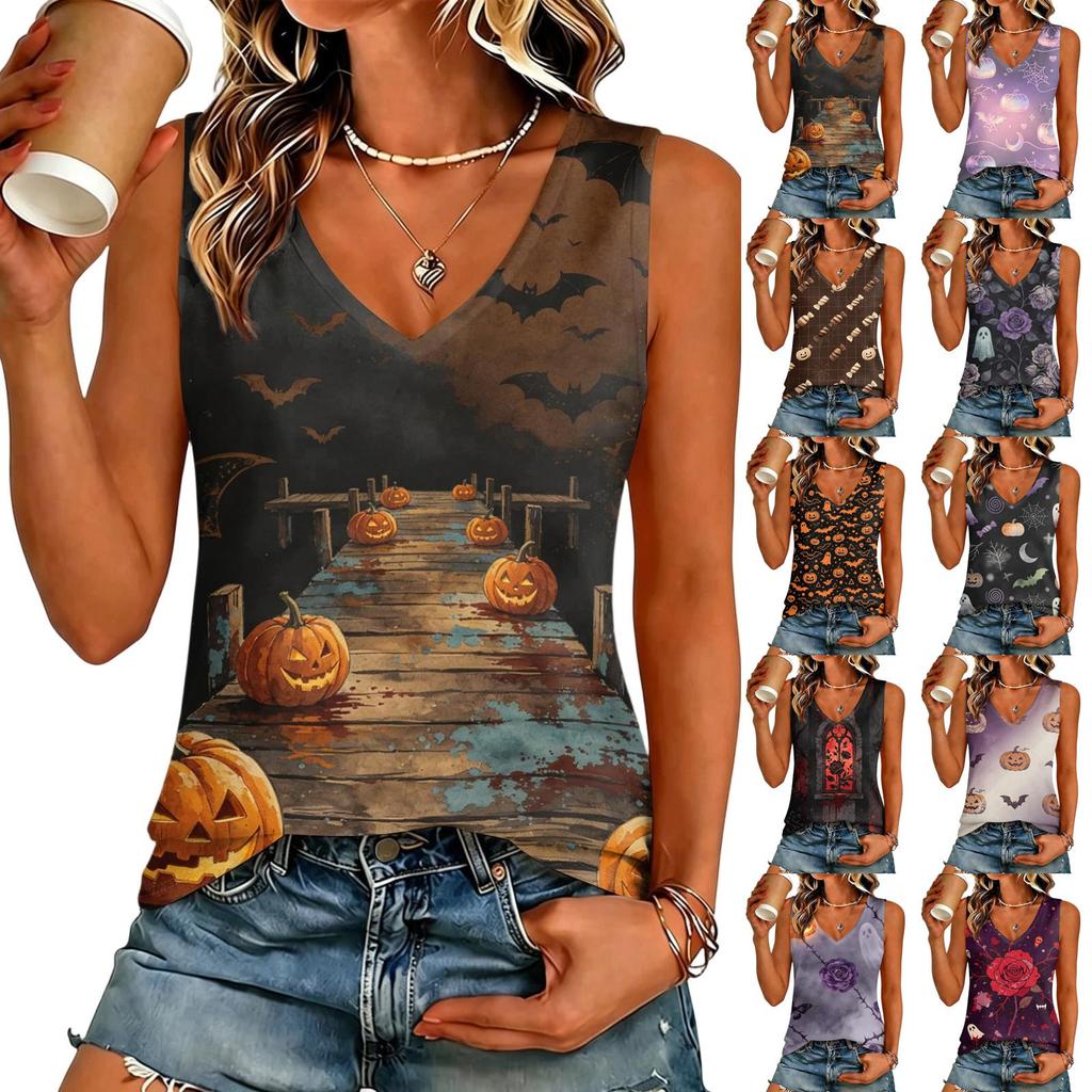 Women's V-Neck Casual Top with Halloween Print for Holiday Parties