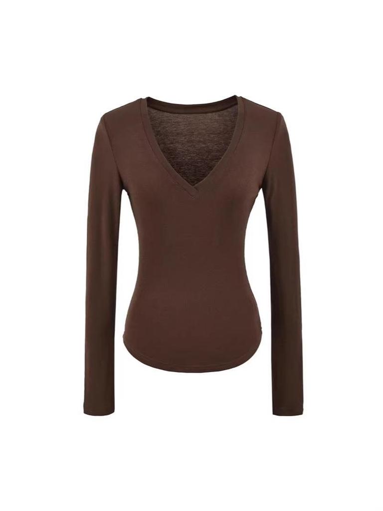 Korean V-Neck Long-Sleeve Slim Fit Sheer T-Shirt for Women - Autumn Essential