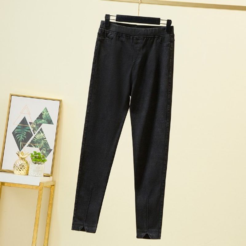 

Spring & Fall New Arrival Pure Color Black 100.00kg High Waist Elastic Outerwear Leggings Skinny Pants Imitation Denim Pants S-5XL Black 5XL