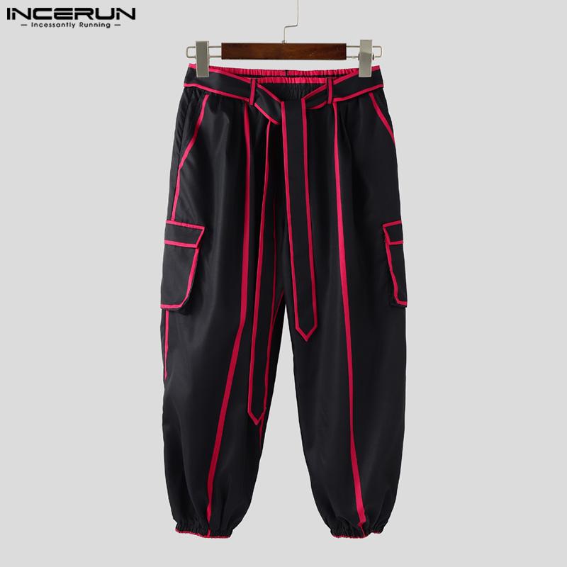 INCERUN Men Elastic Waist Hit Color Belt Casual Thin Harem Pants with Pockets