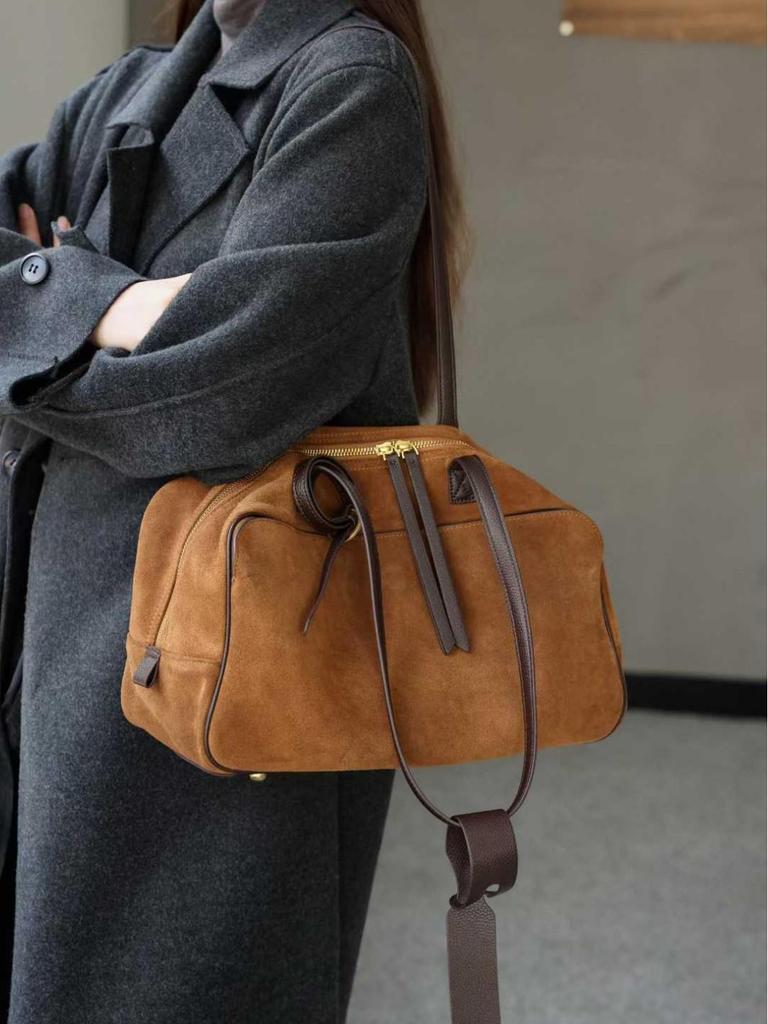 Suede Plush Large Bowling Bag 2026 - Elegant Retro Boston Style Shoulder Bag for Women
