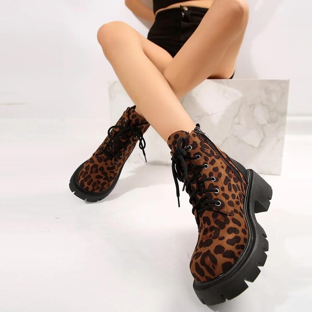 Fashion Sexy Leopard Ankle Boots for Women Autumn Winter 2024 Low Square Heels Plus Size 43 Short Booties Shoes Woman Motorcycle Boots