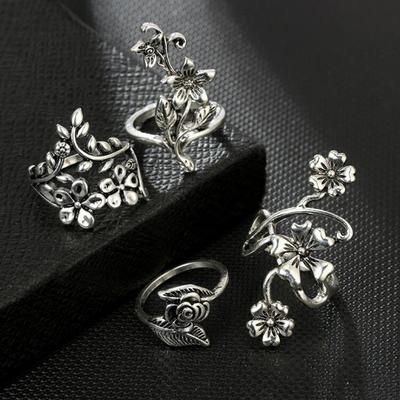 4 Teile/satz Antike Silber Farbe Vintage Böhmen Ring Set Rose Blume Ringe