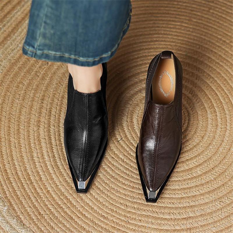 Fashion New Spring Genuine Leather Shoes for Women Fashion Metal Pointed Toe Women Pumps Shoes Chunky Heels Loafers High Heels