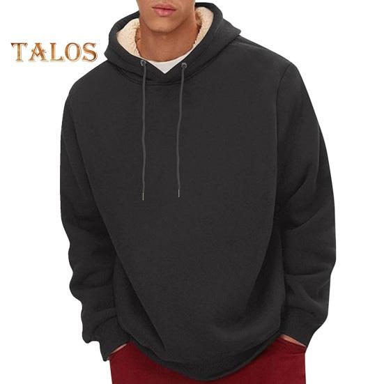 Hanorac de iarnă pentru bărbați, căptușit cu pluș, culoare uni, cu șnur, larg, cu mâneci lungi, top termic cu manșete elastice, hanorac casual de zi cu zi