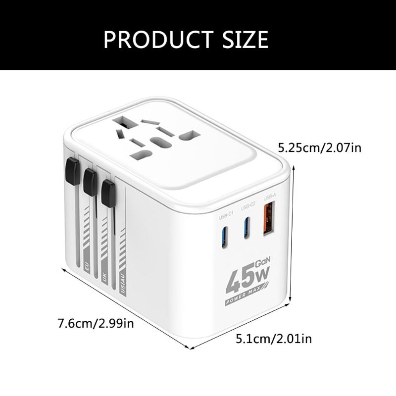 45W 65W Worldwide Travel Plugs Adapter Supports Over 300 Countries with Two USB C and USB A Port