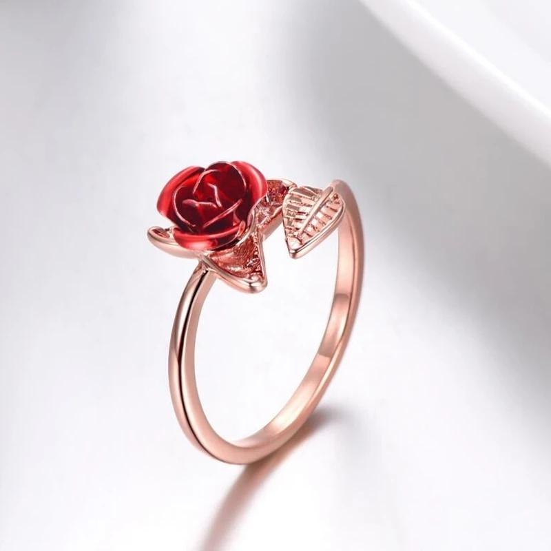 Anillo Abierto Flor Rosa Roja Hoja Flor de Pedrería para Mujer Anillo de Dedo Ajustable Joyería Regalo de San Valentín Compromiso