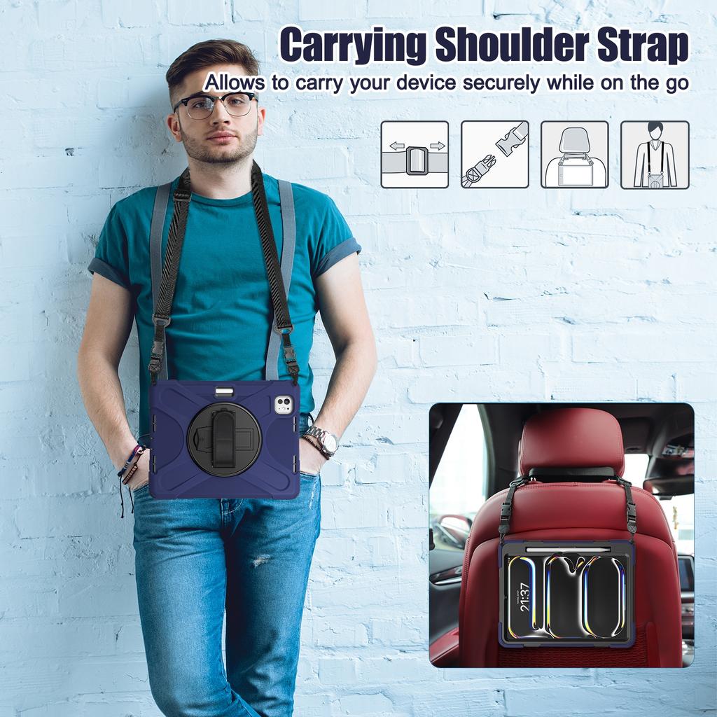 For iPad Pro 11 (2025)/11 (2024) Case PC+Silicone Kickstand Tablet Cover with Hand Strap and Shoulder Strap