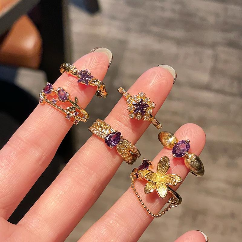 Medieval French Retro Nine Purple Off Fire High-End Purple Zir*****Pen Ring Wheat Ear Flower Accessories Women