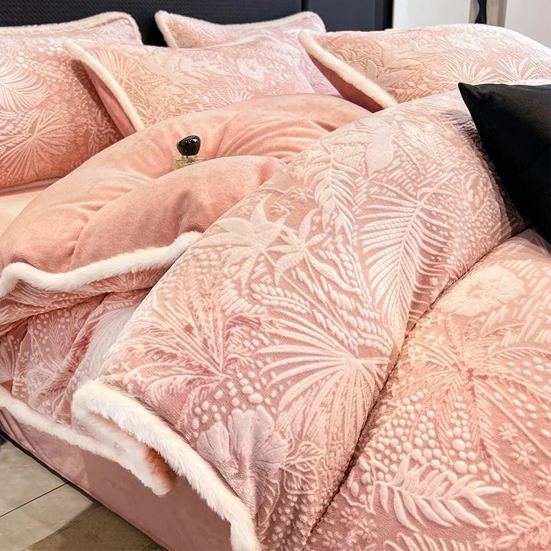 Winter Dickes Bedrucktes Milchsamt Vier-Teile-Set Bequem und Warm Kurzplüsch-Bettbezug 3-teiliges Set Kinderbettlaken