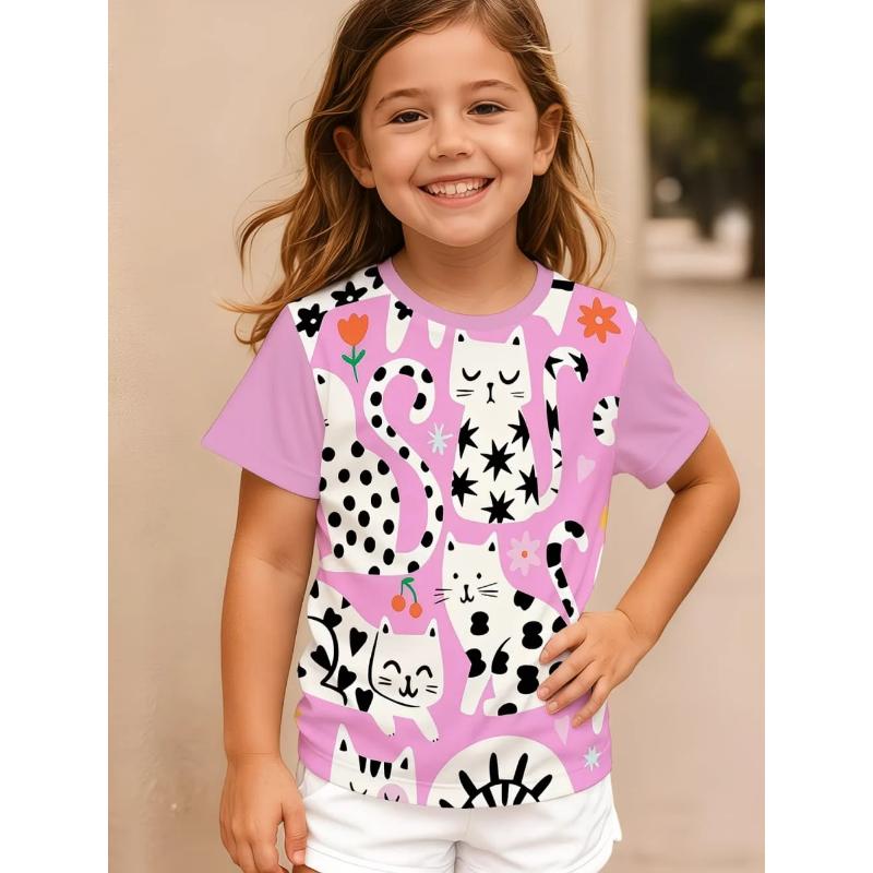 Girl Clothing Summer Kawaii Cat Graphic 3D Print T-Shirt Kids Girls Clothes Outdoor Short Sleeve Causal Children Top for Girls