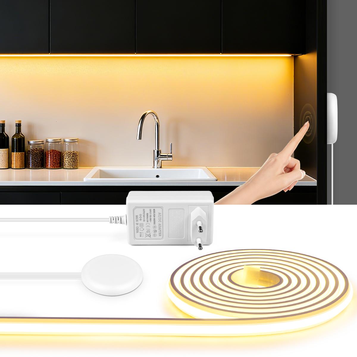 High End Under Cabinet LED Neon Light Strip 24V COB Neon Tape Penetrabe Wood Touch Sensor Dimmer Kitchen Closet Wardrobe Decor colore bianco caldo