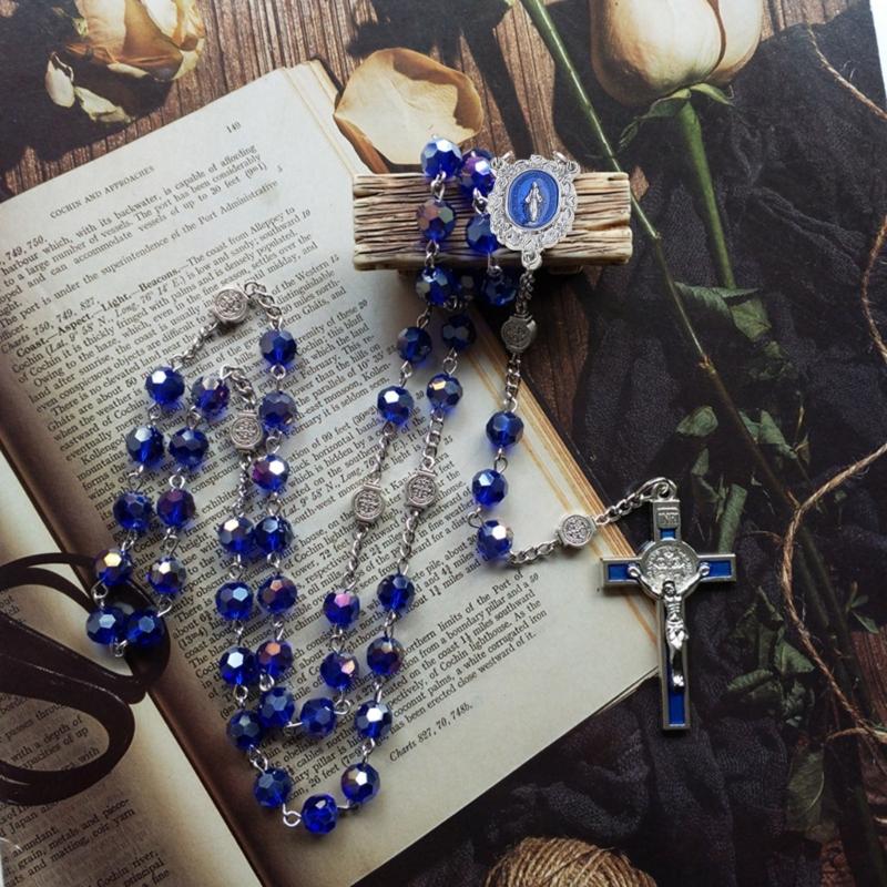 10mm Acrylic Bead Rosary Necklace Vintage Weave Catholic Religious Cross Jesus Pendant Necklaces for Men Women Jewelry Charm