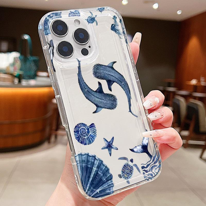 Two Blue Whales Shell Pattern Phone Case For iPhone 11 12 13 14 15 16 17 Pro Max Plus X XS XR XS MAX 16E 17Air Soft Clear Cover