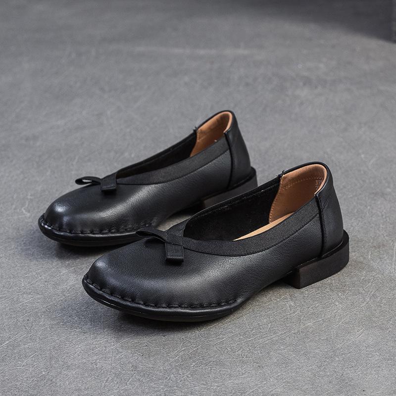 Johnature Echtes Leder Bequeme Schuhe mit niedrigem Absatz Retro Vielseitige Pumps Runde Spitze Damenschuhe