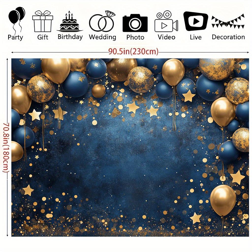 Un elegante fondo de poliéster con globos y estrellas azules y doradas, decoración multifuncional para la boda