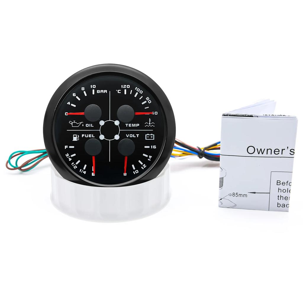 85mm 4 In 1 Gauge Oil Press Gauge Water Temp Meter Fuel Level Gauge Voltmeter With Alarm For Marine Boat Car Waterproof 12V 24V