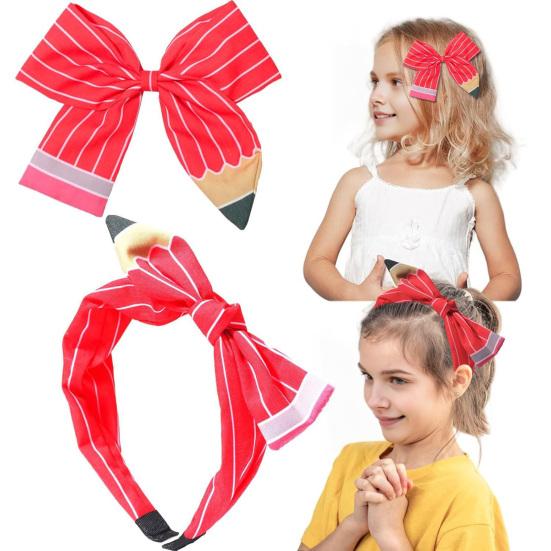 Women Hair Hoop Bright Yellow Pencil Design Bow Decor Hair Clip Back to School Student Teacher Hair Accessories