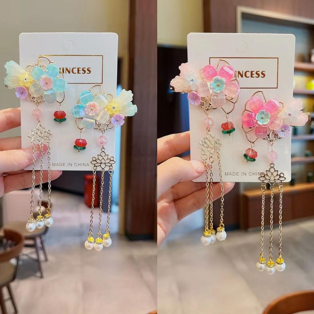 Chinese Style Flower Hair Clips Elegant Exquisite Butterfly Petal Tassel Hairpin For Girls Hanfu Jewelry Hair Accessories 1 Pair