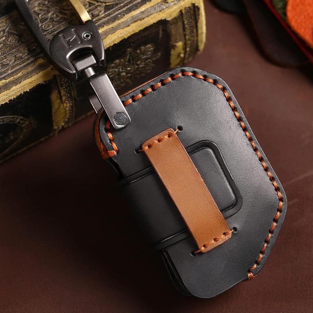 EASYANT Handmade Leather Car Key Fob Cover Compatible with Jeep 2018-2024 Wrangler Gladiator Sahara Rubicon 4 Buttons Black