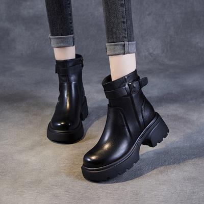Stivali corti con suola spessa in stile britannico, punta rotonda versatile, fibbia della cintura, stivali da donna in vera pelle