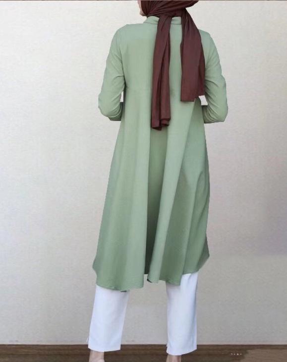 In-Stock Muslim Women's Solid Color Lapel Wrap Shirt: Long Sleeve, Button Placket, Swallowtail Hem