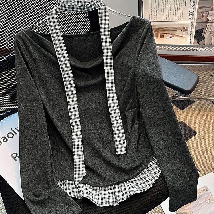 Fake two-piece splicing streamer long-sleeved T-shirt women s spring and autumn new small fashion age-reducing slim-fit top tide XS