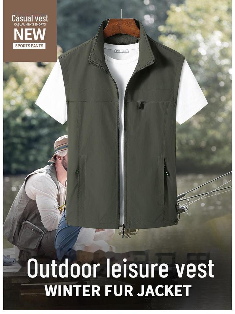 Herr Vår/Höst 2024 Lätt Väst med Fickor för Medelålders och Äldre