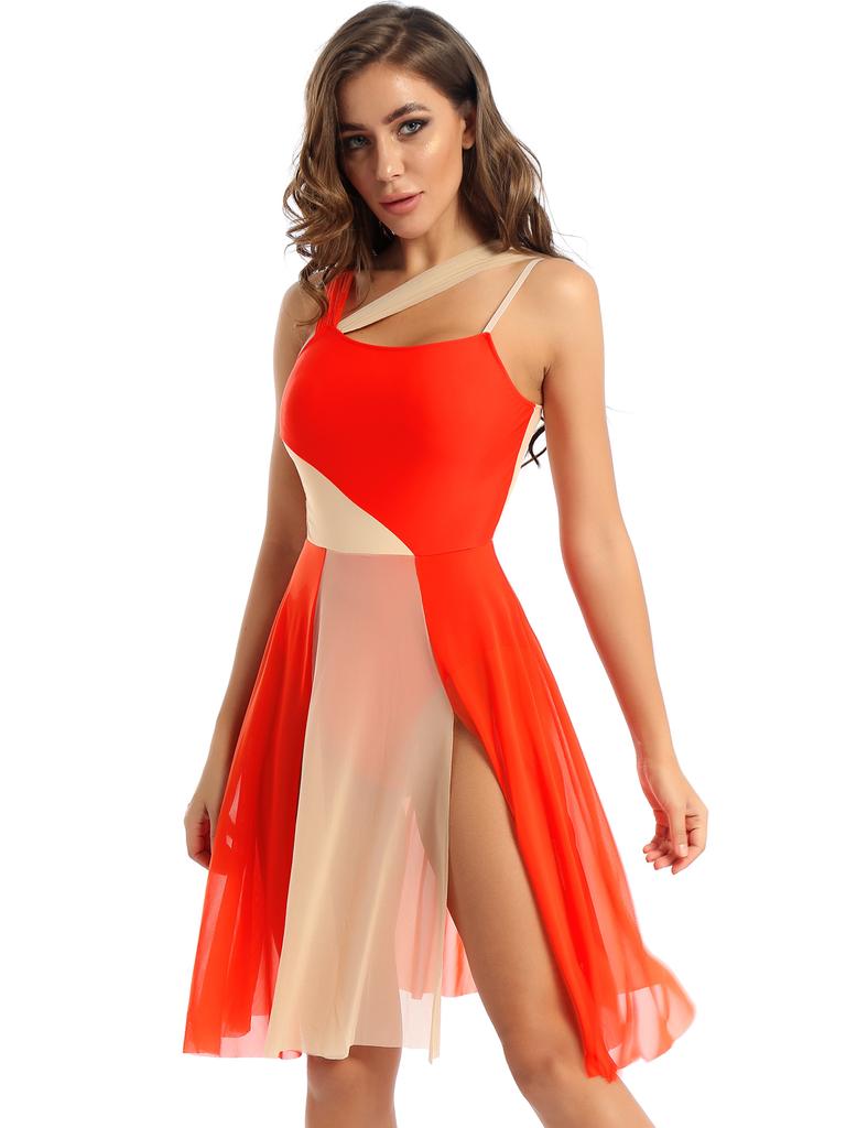 Ärmlös färgblock Balett Dans Gymnastik Body Mesh Overlay Balett Samtida Dansklänning Lyrisk Leotard Performance Kostym