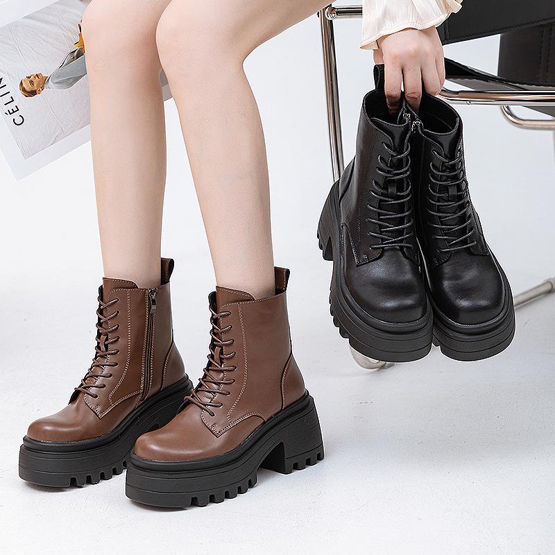 Retro Martin Stiefel Herbst und Winter neu 2025 Damen Lederstiefel einfarbig schlichte Mode dicksohlige mittelhohe Stiefel runde Spitze Lederstiefel
