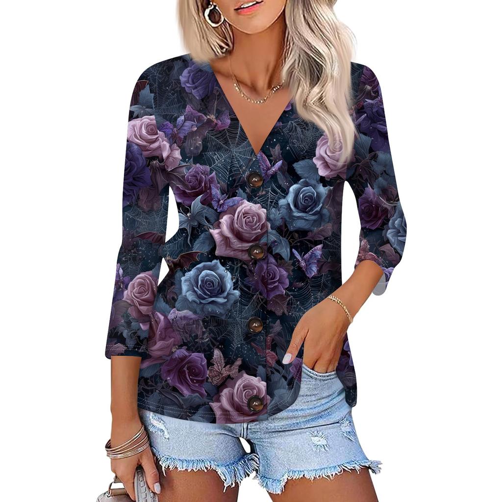 Women's Fashion Casual Print Button-down Shirt 3/4 Long Sleeve Tops