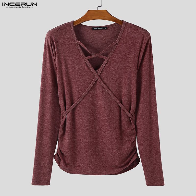 INCERUN Men Long Sleeve V Neck Bandage Fitted Casual Undershirts Tops T-shirts