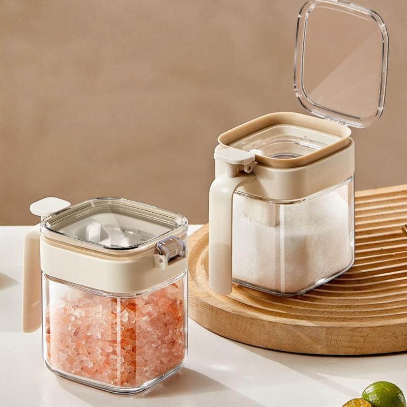 Clear Kitchen Spices Jars With Removable Spoon Compartment Food Storage Container For Pantries Organization