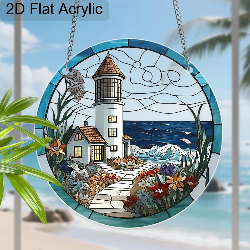 Acrylic Coastal Lighthouse with Ocean and Flowers Suncatcher, Stained Glass Effect Window Hanging Ornament for Nautical & Beach Lover Gifts
