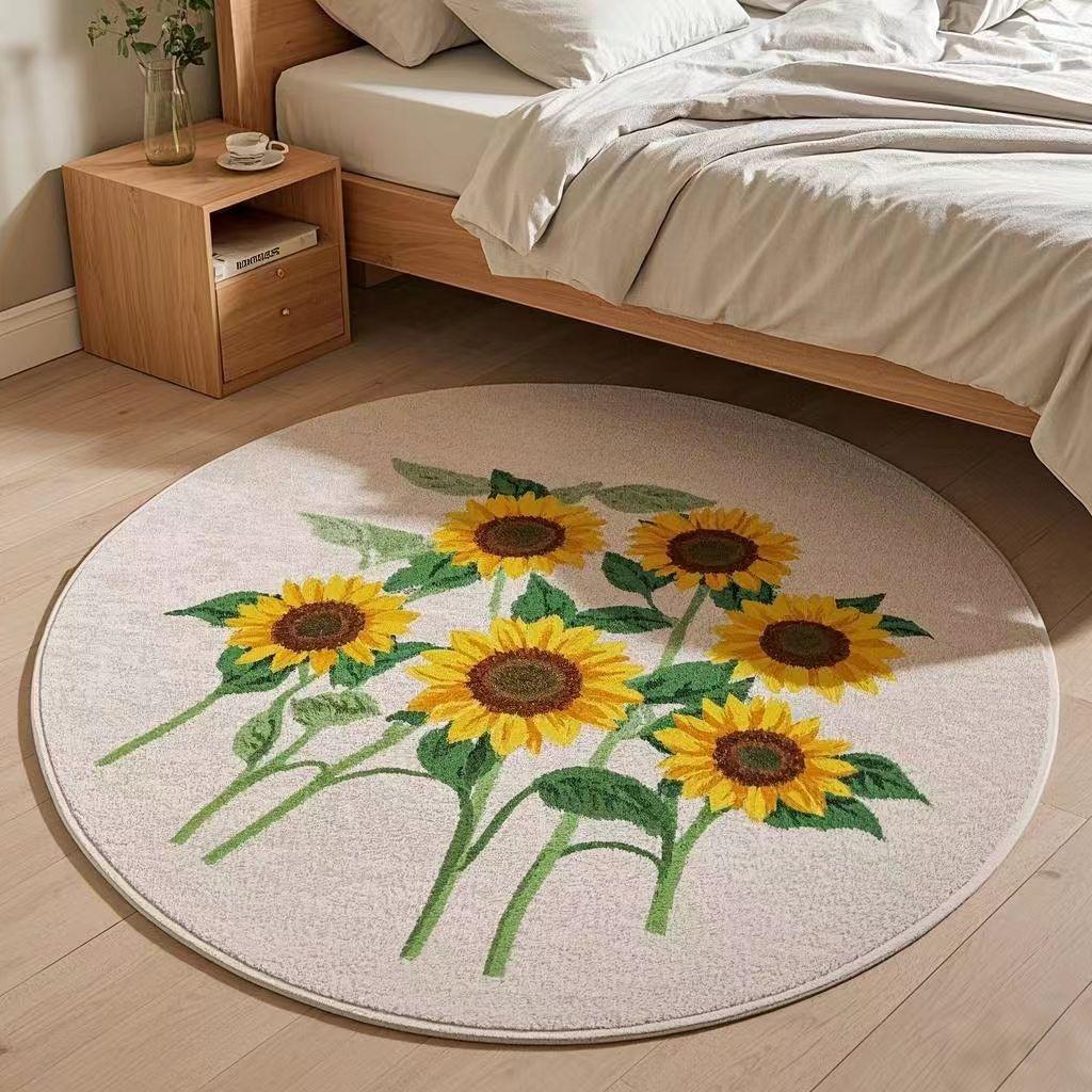 Zonnebloem Patroon Slaapkamer Decor Rond Tapijt Dik Pluche Tapijten voor Woonkamer Pluizig Zacht Bedside Kleed Thuis Wasbare Vloermat 80x80CM