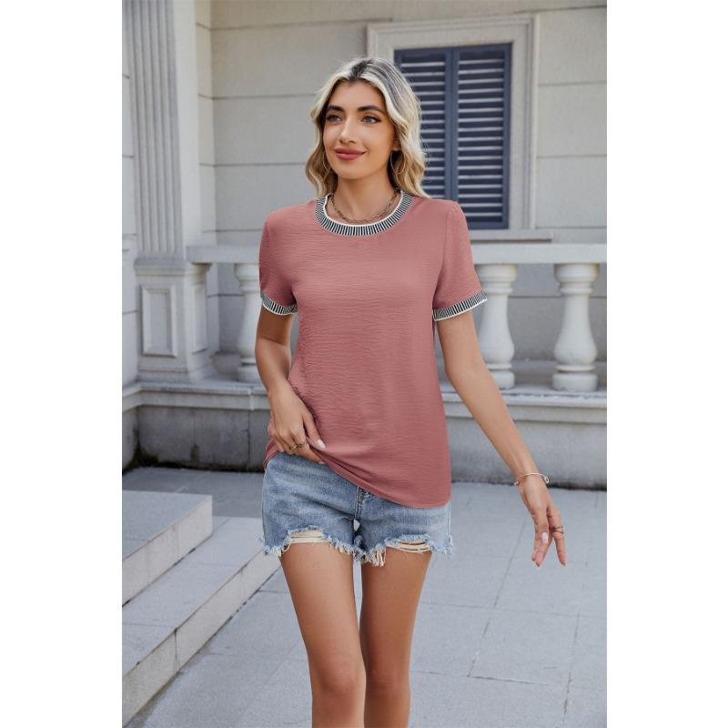 Summer new style simple threaded pullover round neck short sleeve solid color women's clothing
