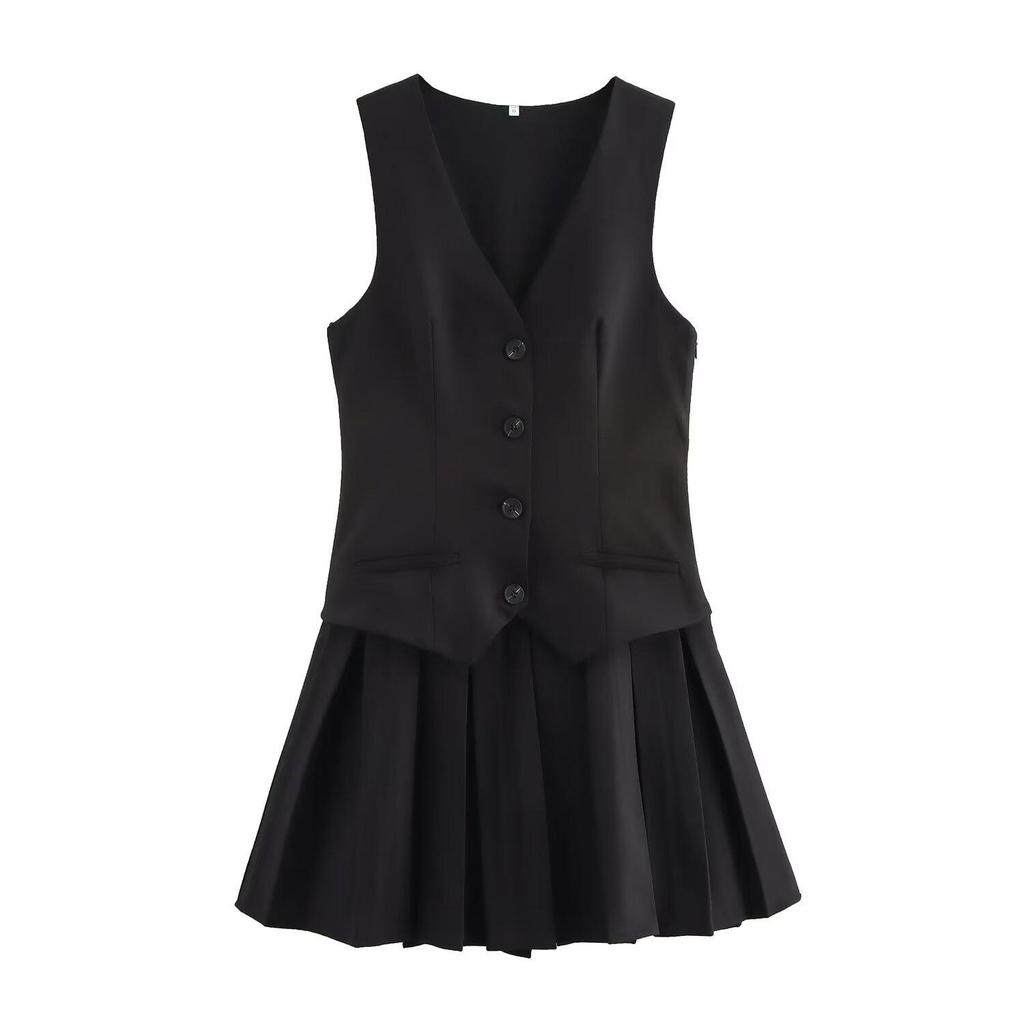 2024 Autumn Women's European & American Style Pleated Striped Vest Dress