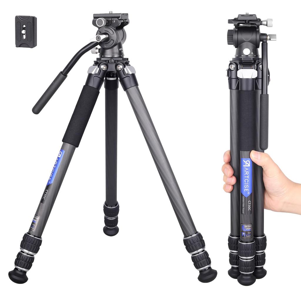 ARTCISE Carbon Fiber Tripod Fluid Video Head Storage Diameter Smaller Than a with Handle Hydraulic Tripod 15kg Load Height Expansion Tripod Bag and