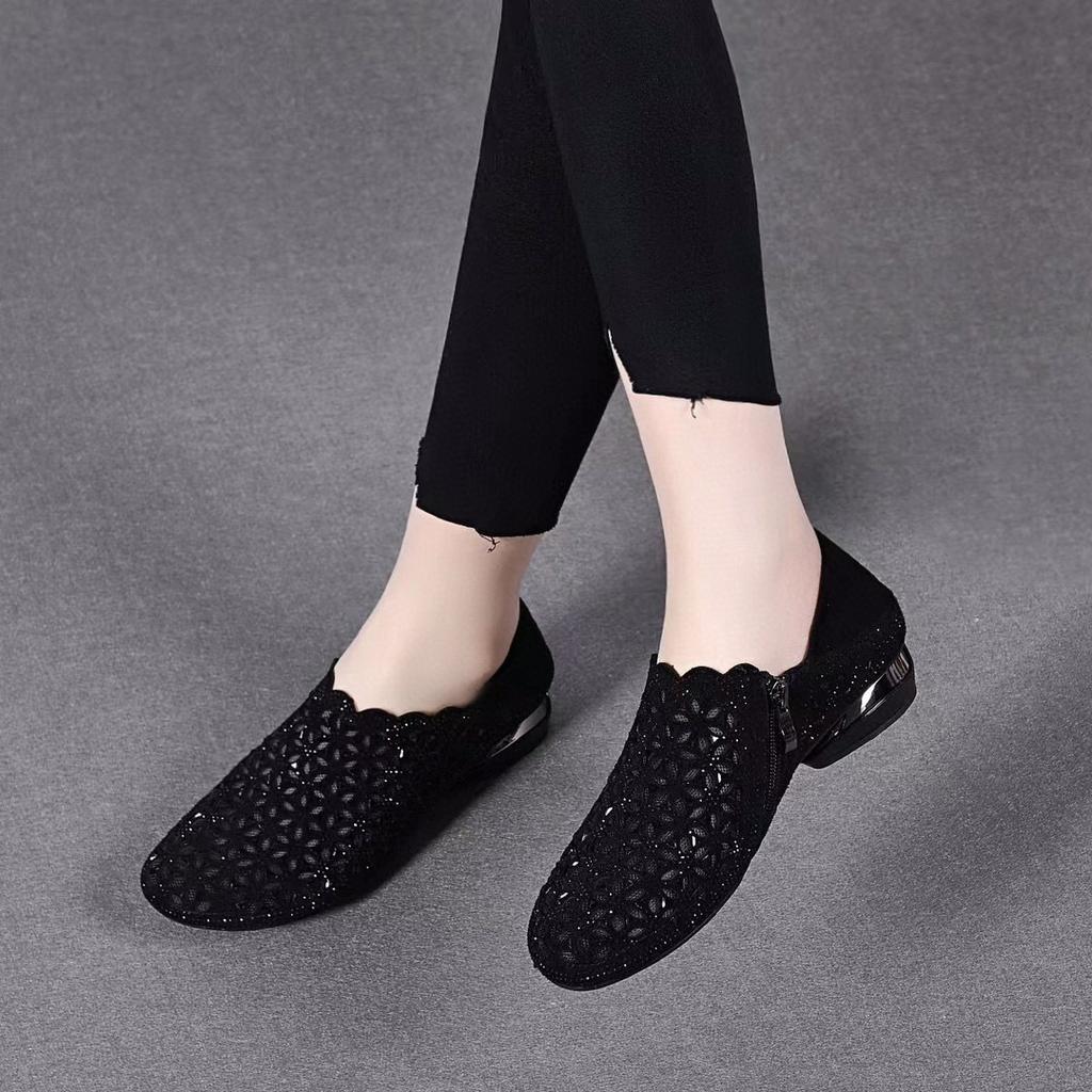 Women's single shoes spring new round head gypsy lace low heel black sheepskin two wear mesh shoes