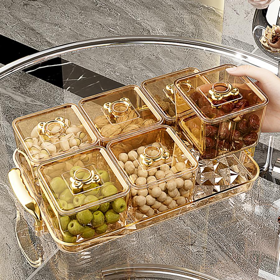Mehrkammer-Kunststoff-Serviertablett mit zwei Griffen, versiegelte, feuchtigkeitsdichte Aufbewahrungsbox für Snacks und Trockenfrüchte, Küchen-Obstschale