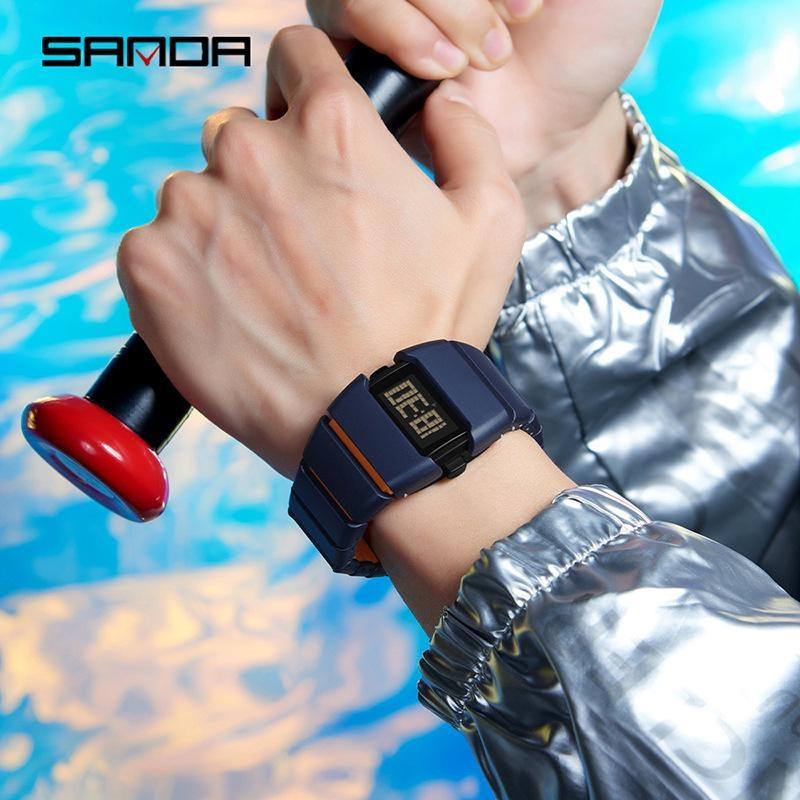 SANDA Luxury Men's Electronic Watch Creative Design Unique Watch Man Casual Sports Multi-functional Wristwatch LED Waterproof ABS Material