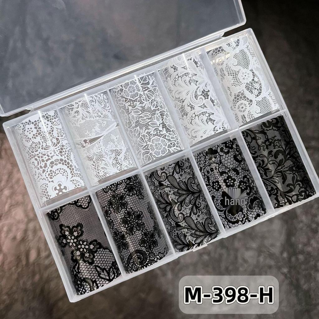 10er-Pack Schwarz-Weiß-Spitzen-Nagelaufkleber - Französisches Sexy Gitterdesign