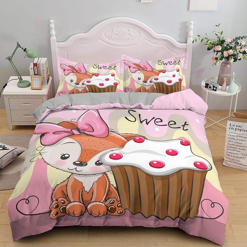 Pink Cartoon Animal King Queen Duvet Cover Kawaii Panda Pattern Bedding Set For Kids Girls Wildlife 2/3pcs Polyester Quilt Cover