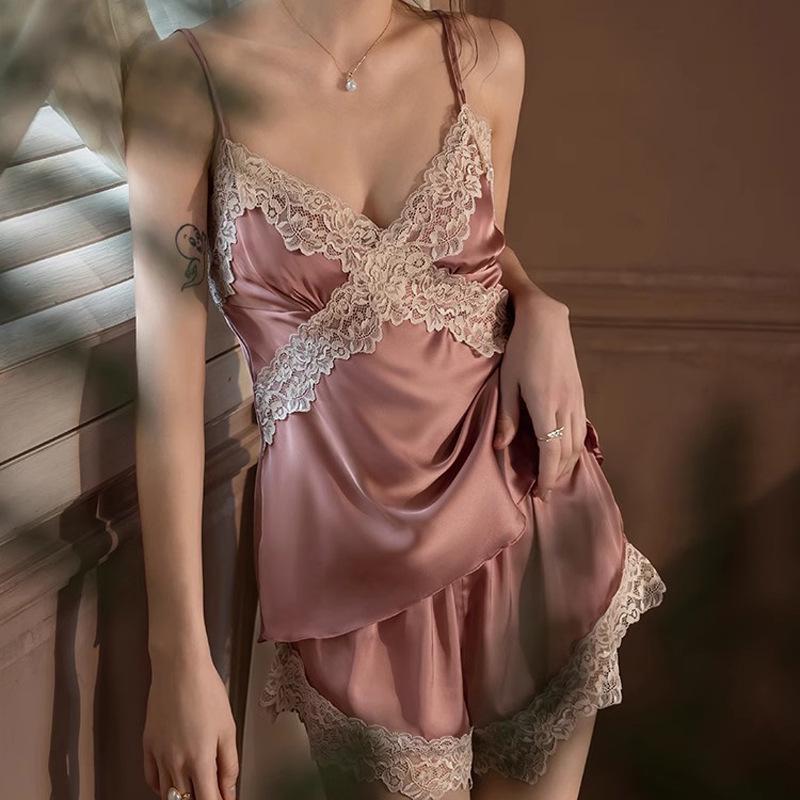 Women's Ice Silk Lace Pajama Set - Camisole & Shorts for Spring/Summer/Autumn