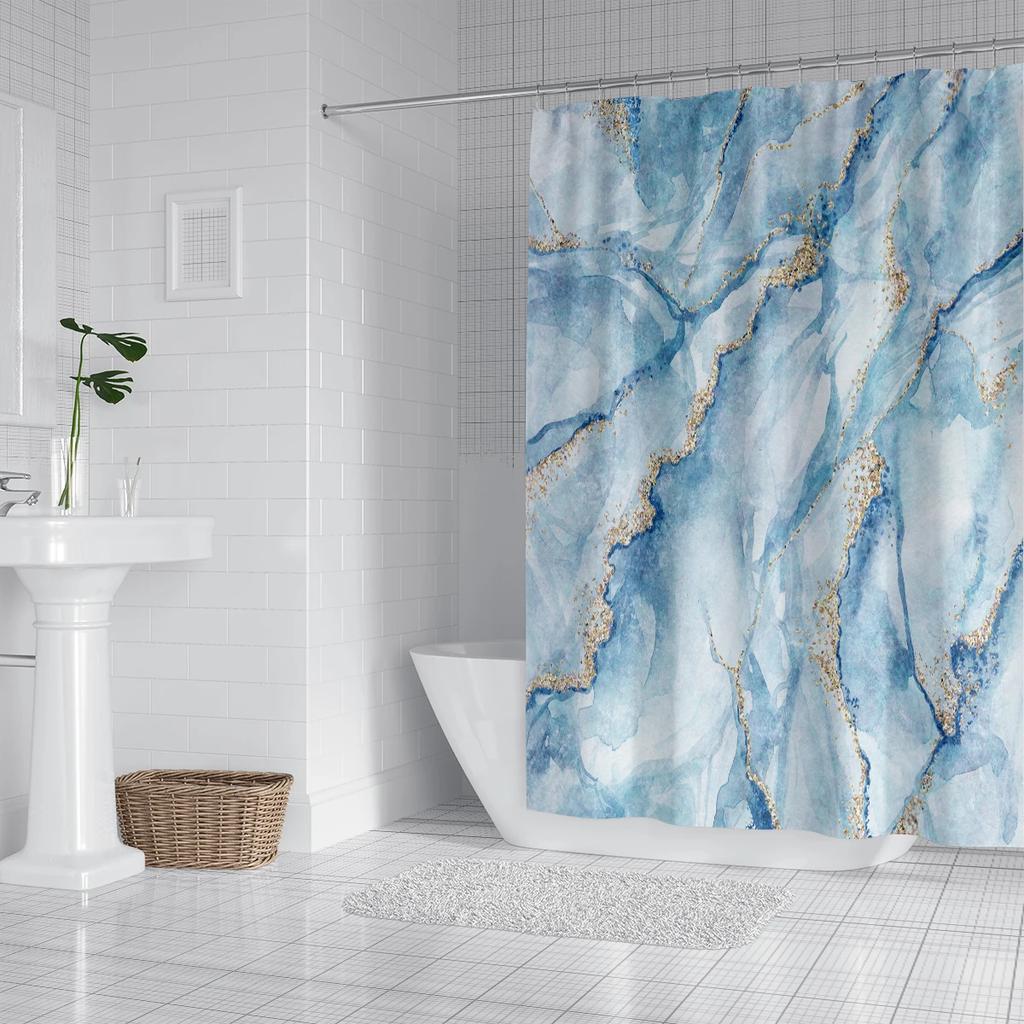 1 Piece Of 180X180Cm Blue Marble Pattern Digital Printing Shower Curtain Partition Bathroom Waterproof And Mold Resistant