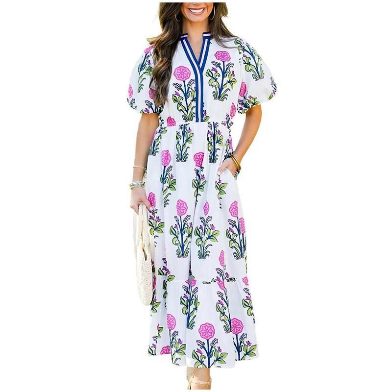 2025 New Women's V-neck Flower Print Dress