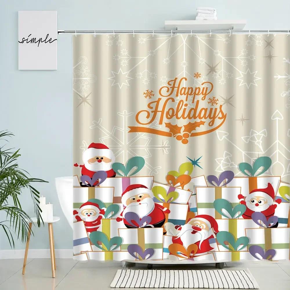 Cartoon Frohe Weihnachten Duschvorhang Weihnachtsmann Schneemann Tier Spaß Kind Badezimmer Dekor Mit Haken Wasserdicht Polyester Bildschirm