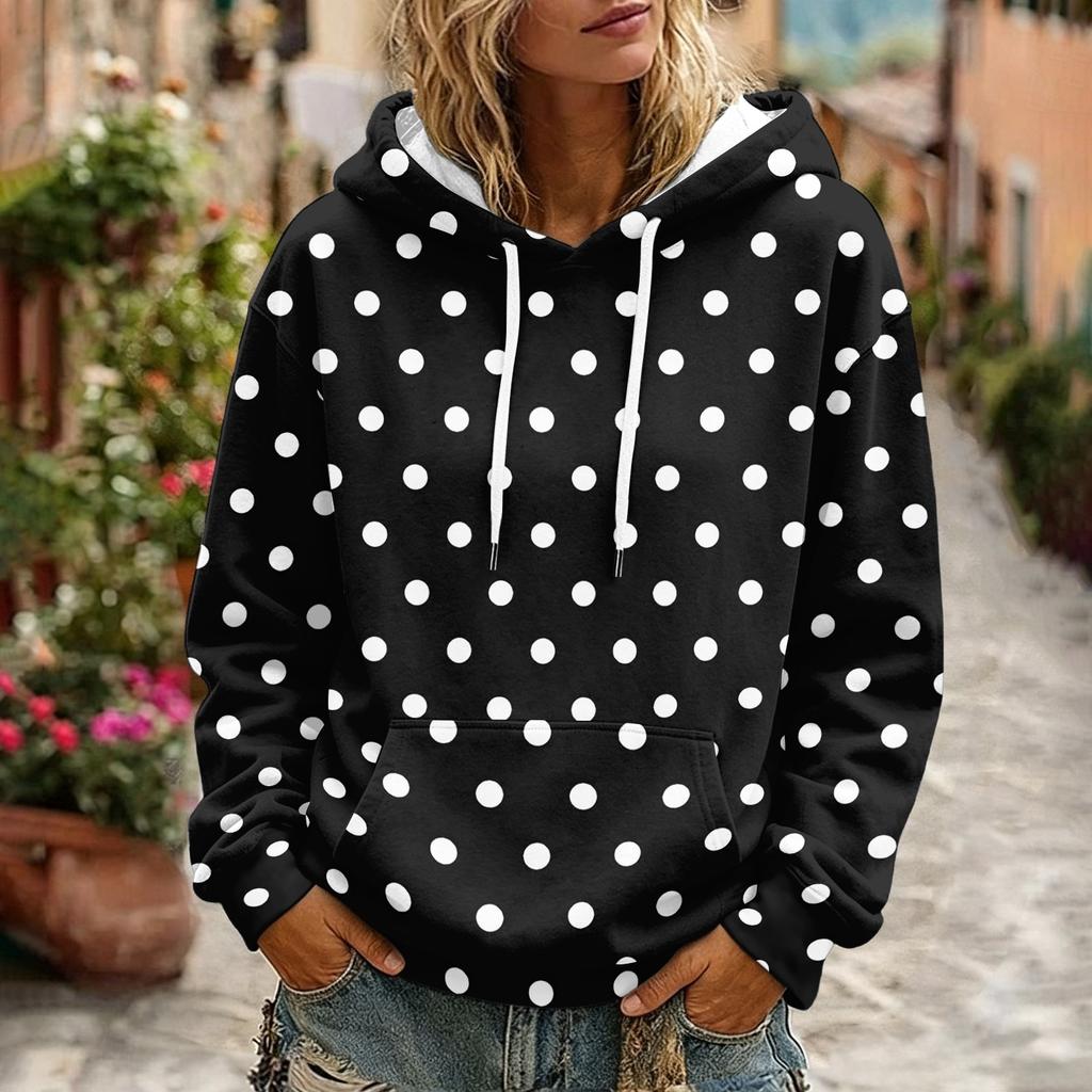 Women's Polka Dot Print Hooded Long Sleeve Sweatshirt with Pocket and Casual Top